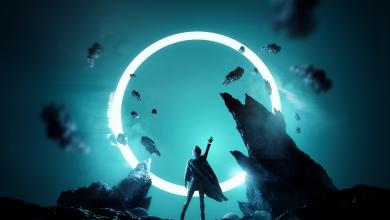 在世界幻想概念之间。一个妇女陷入光明的光线。未来派的女性肖像3D插图。