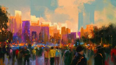 日落的城市公园里的人