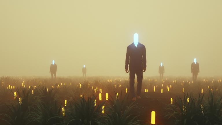 幻想景观中的怪异梦游者，3D生成的图像。